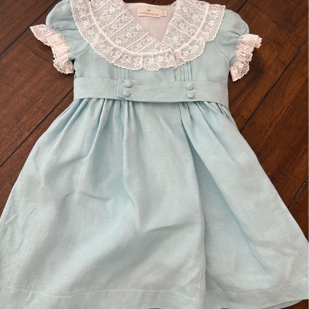 Sal and pimenta girls turquoise linen and lace dress 4
